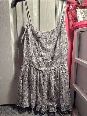 Urban Outfitters - Lace Spaghetti Strap Skater Romper in Light Gray
